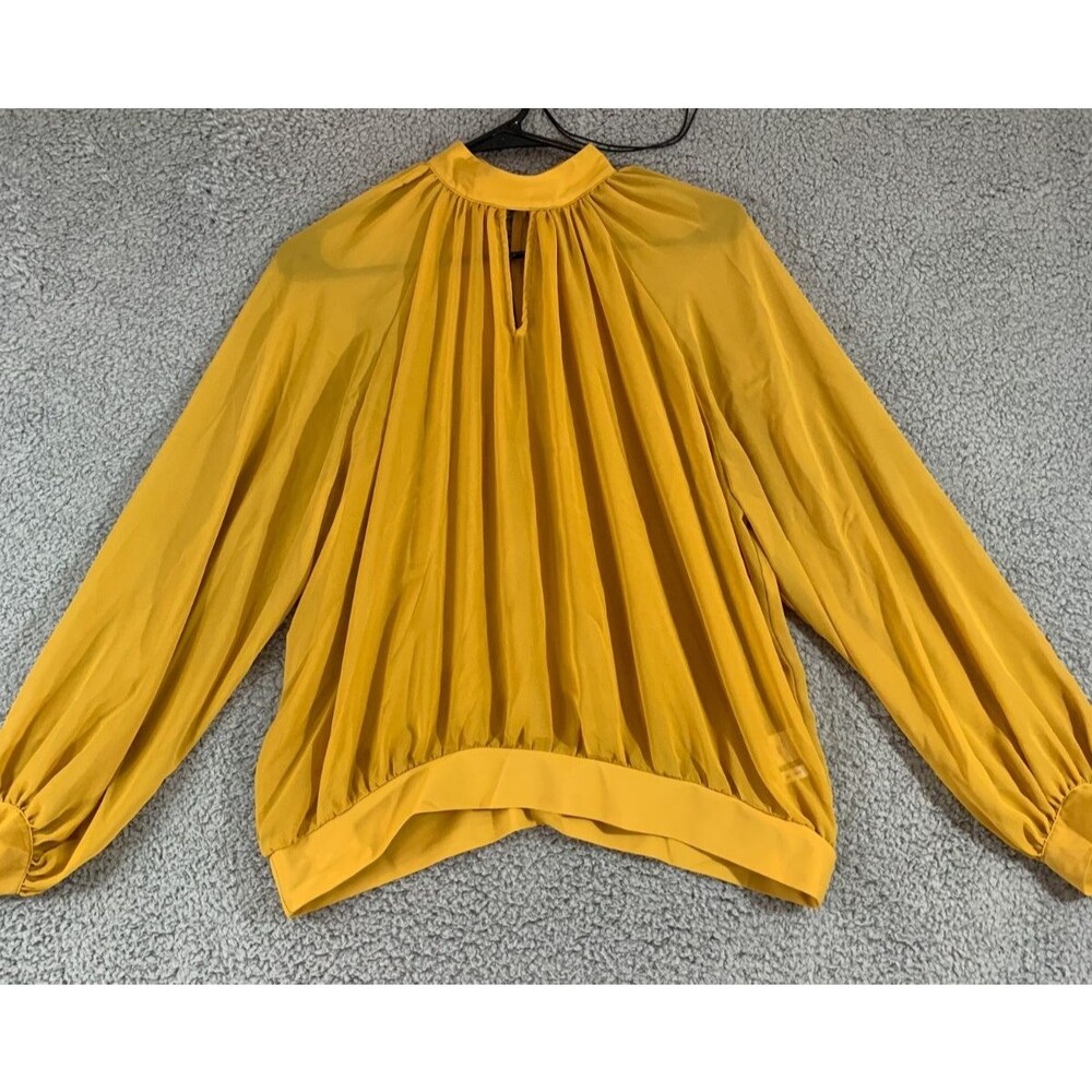 Yellow Pleated Mock Neck Blouse Long Adjustable Ribbon Sleeve Size (M) Medium